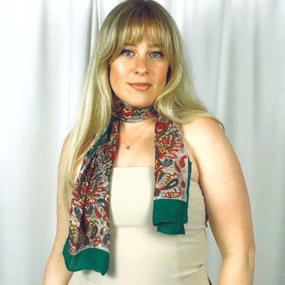 Vintage Green + Red Paisley Floral Printed Long Rectangle Scarf • Neck Scarf - Picture 1 of 9